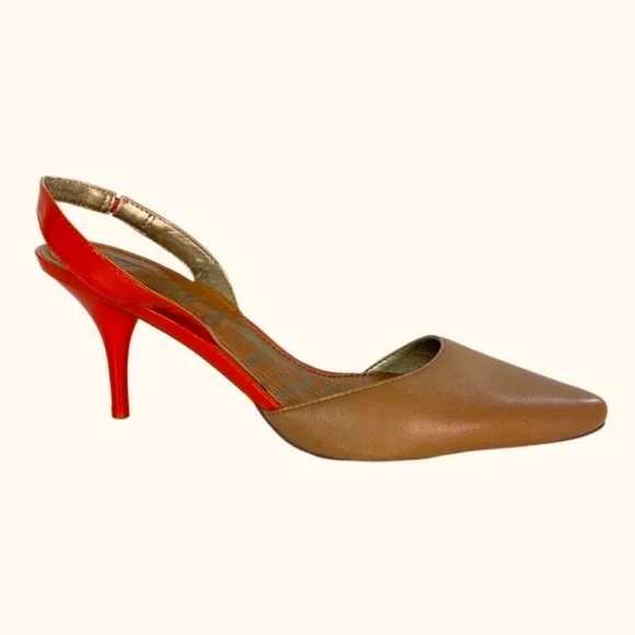 Sam Edelman Orly Beige and Orange Leather Pointed Toe Slingback Heels - Picture 1 of 5
